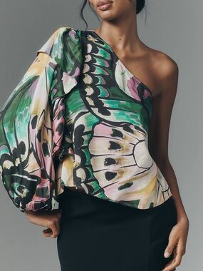NWT Farm Rio x Anthropologie Vibrant Eye-Catching One-Shoulder Ruffle Blouse